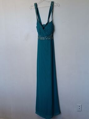 Faviana Teal Beaded Waist Maxi Dress